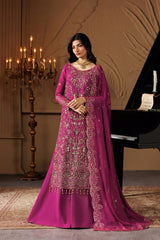Royal Magenta Embroidered Chiffon Long Shirt Set