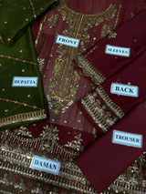 Olive Green & Maroon Embroidered Formal Festive Outfit