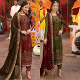 Olive Green & Maroon Embroidered Formal Festive Outfit