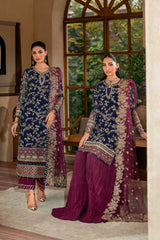 Deep Navy & Plum Embroidered Chiffon Festive Collection