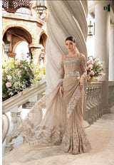 Luxury Nude Beige Floral Embroidered Net Saree with Pearl Accents  Shopify Description: