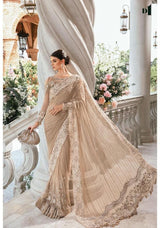 Luxury Nude Beige Floral Embroidered Net Saree with Pearl Accents  Shopify Description: