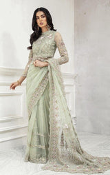 Luxury Mint Green Floral Embroidered Designer Net Saree