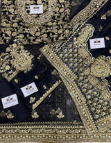 Luxury BLACK Embroidered Net Saree with Pearl Accents